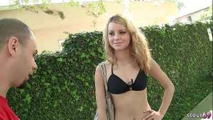 Small Tits blonde Girl with perfect Ass in Jeans Short Pick Up and talk to Casting fuck by Big Dick Stranger