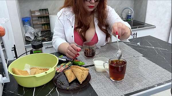 Mature stepmom took care of her stepson and poured him tea