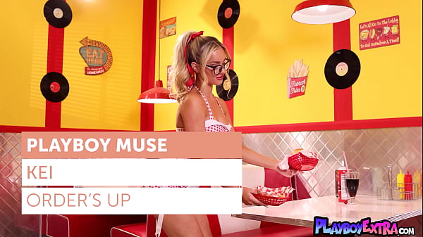 Petite blonde teen waitress Keira Jackson posing nude after hours in a bar