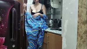 Indian stepmom watches and enters her stepson’s Kitchen to fuck him