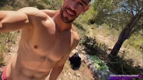 Big cock stud masturbating naked on public trail