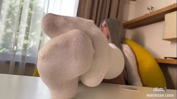 Goddess Foot Teasing In Cute White Knee Socks On The White Table