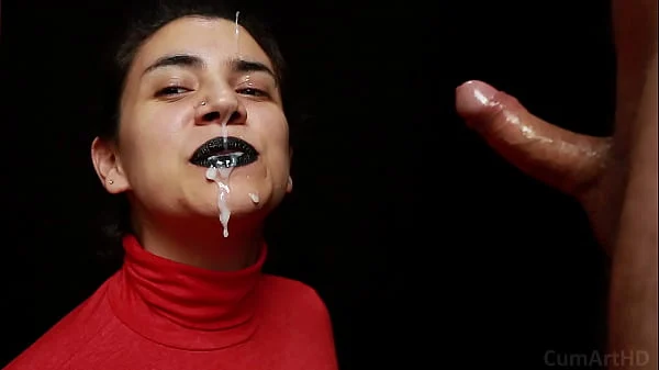 CFNM – Red turtleneck, Black lips – Handjob   Cum mouthful   Cum on clothes