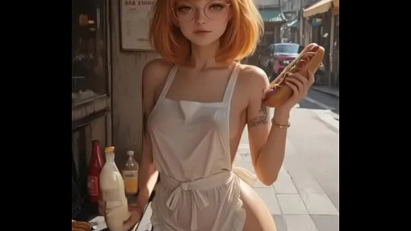 Cute waitress adds sauce to your hot dog