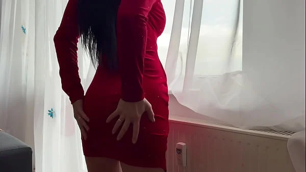 Milf In Red Dress Bent Over the Window, Fucked Hard, Creampied on the Sofa