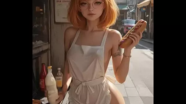 Cute waitress adds sauce to your hot dog