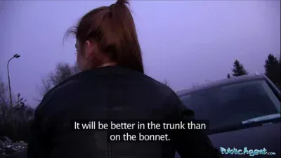 Public Agent Innocent looking ginger girl fucked over a car bonnet