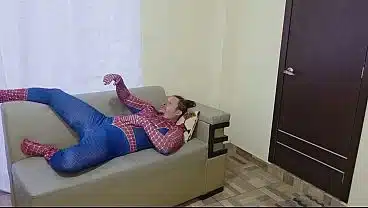 Beautiful, curvy stepmother has a delicious threesome with her stepson in a Spiderman costume and her busty stepdaughter