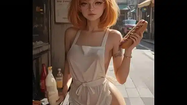 Cute waitress adds sauce to your hot dog