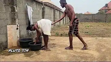 New tenant getting fucked in the backyard in standing doggy position.