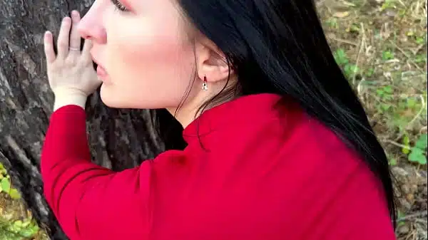 Passionate sex with a lustful wife in the autumn forest and cum on the face
