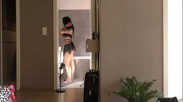 All natural super sexy hot tattooed brunette cheerleader in her mini skirt teases in the bathroom