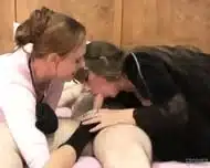 Horny older man and Threesome with brunette and redhead girls