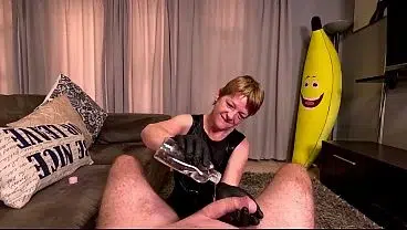 Mature WHORE wearing black dress jerking my BIG COCK in LATEX GLOVES, POV CUMSHOT