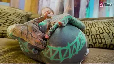 Tattooed ANAL queen in white lingerie and high heels masturbating