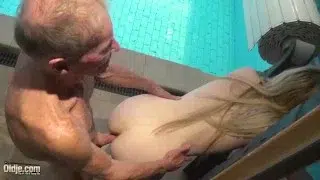 Blonde with hot pussy hardcore fucked by grandpa by the pool