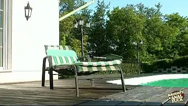 Blonde polishes herself by the outdoor pool as her boyfriend arrives for doggy style anal.