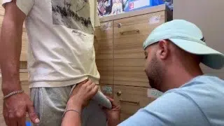 Hairy big cock blowjob in a locker room