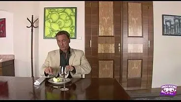 This stunning skinny maid in stockings and high heels gives a blowjob and gets cum