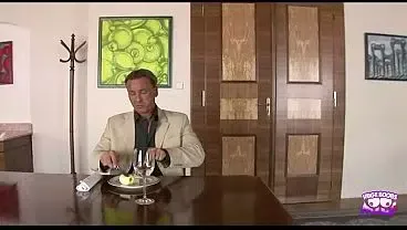 This stunning skinny maid in stockings and high heels gives a blowjob and gets cum