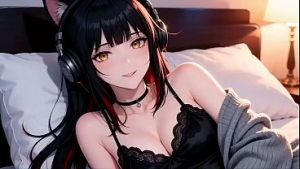 A sexy girl with black and red hair, performing an extremely difficult pose. You must come and have a look! AI-generated