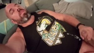 Chubby Daddy Bear plays with his Foreskin and Cums on his Shirt (linktree: skinandearth)
