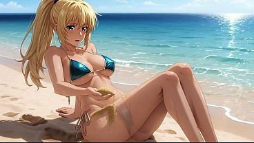 Naughty Blonde Exhibitionist: Bikini Strip and Beach Solo Orgasm AI Generated