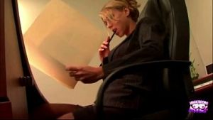 Skinny blonde chick with a big tits is licking cum from a hard cock