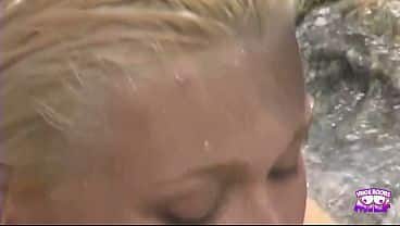 Bootylicious blonde has a passionate fucking by the pool and gets cum splashed face.