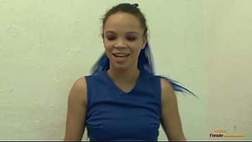 Cutie with blue hair and femdom streak is striking some merciless ballbusting on that loser