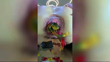 Extreme PIGHOLE Anal Whore Asshole Feeding with gummies!