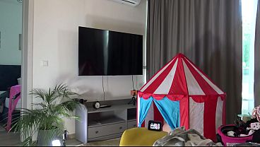 Hot brunette tight pussy petite babe has a circus tent in the middle of the house to play with dicks in it