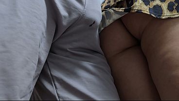 The guy’s sweatpants got soaked with precum on subway train. She let him slide his thick cock inside her panties under her skirt & CUM hard