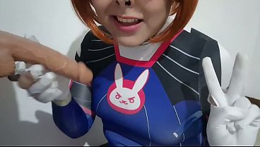 Trams girl with Dva Cosplay and BDSM Nosehook Giving a Blowjob, Eating Cum and Deepthroat to Big Dildo